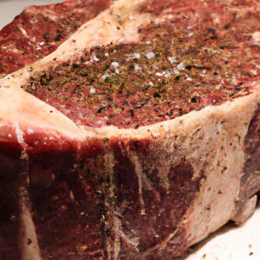 A close-up of a tomahawk steak seasoned with salt, pepper, and herbs before grilling