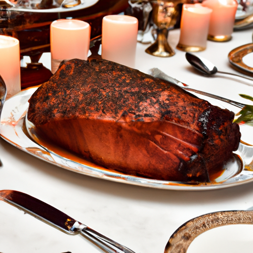 Festive holiday table setting with a beautifully carved prime rib roast