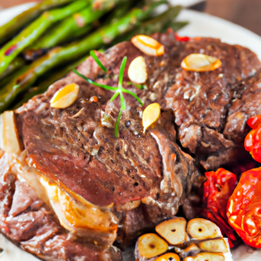 Juicy porterhouse steak served with roasted vegetables